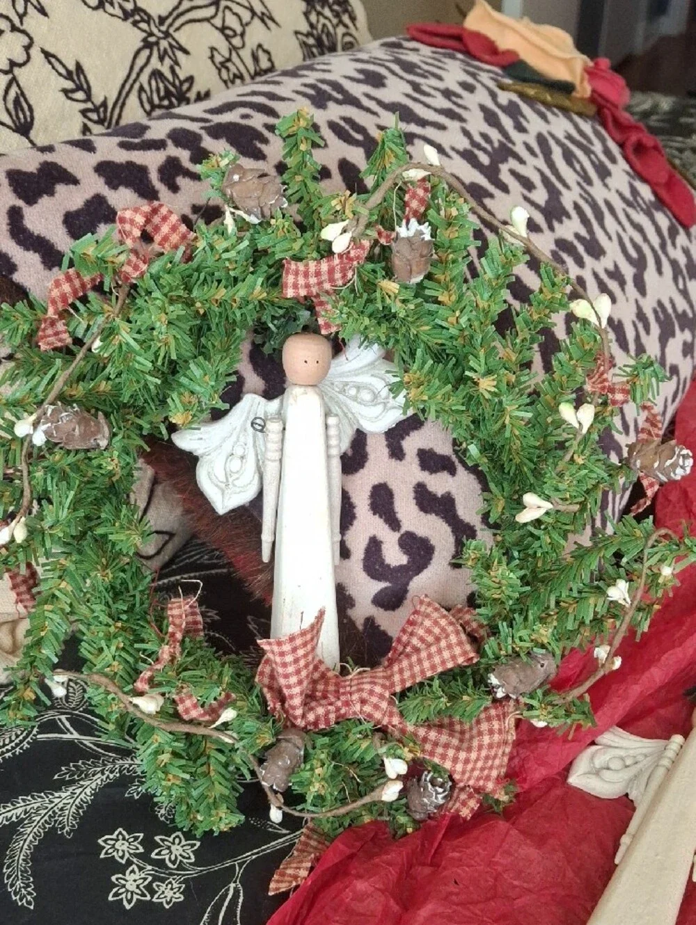 Rustic Green Holiday Wreath with Cream Angel Accent